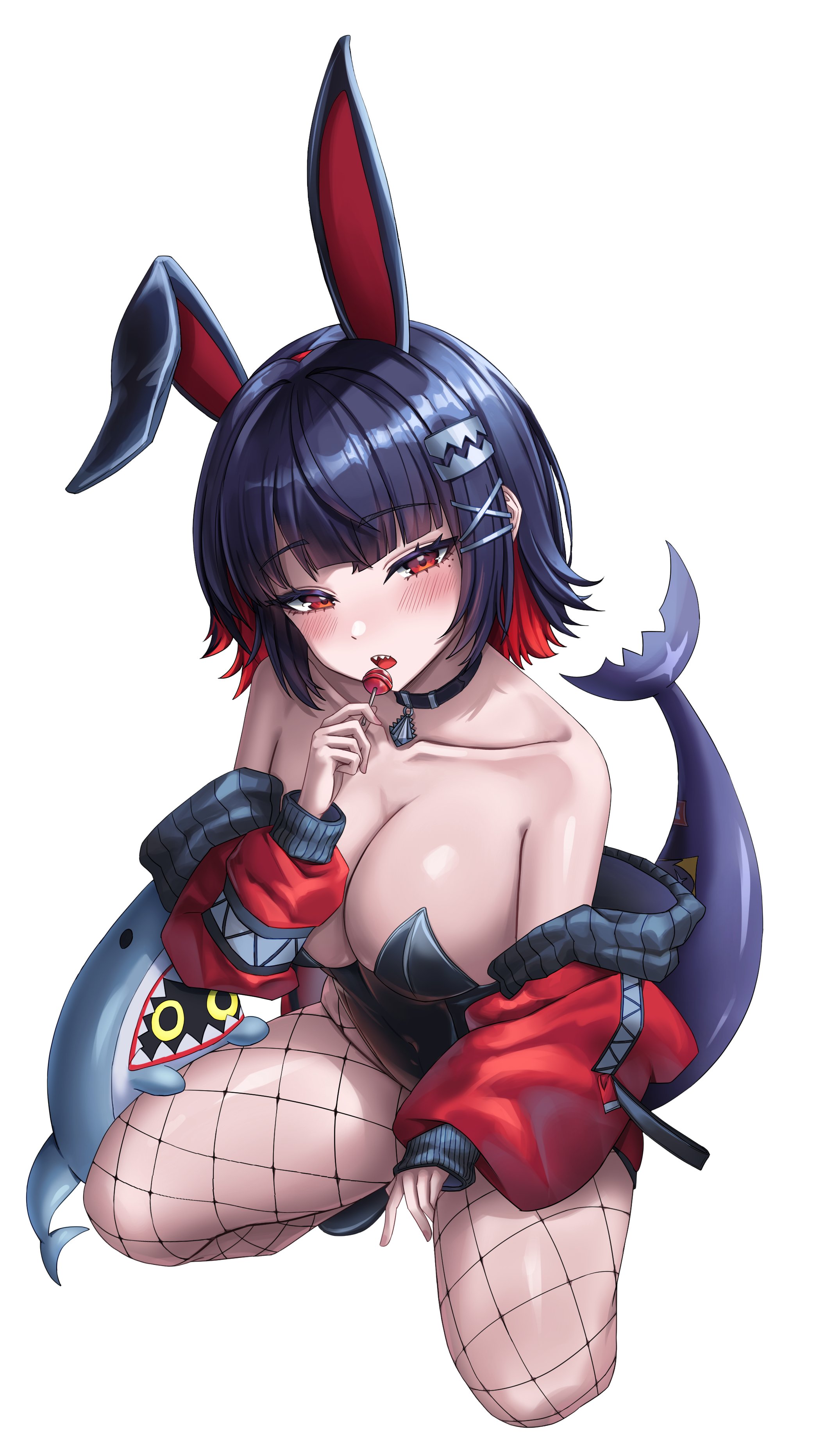 rang g c, ellen joe, zenless zone zero, absurdres, highres, 1girl, alternate costume, candy, colored inner hair, fins, fish tail, food, holding, holding candy, holding food, holding lollipop, leotard, lollipop, mole, mole under eye, multicolored hair, pantyhose, playboy bunny, scar, scar on tail, shark girl, shark tail, simple background, solo, tail, white background