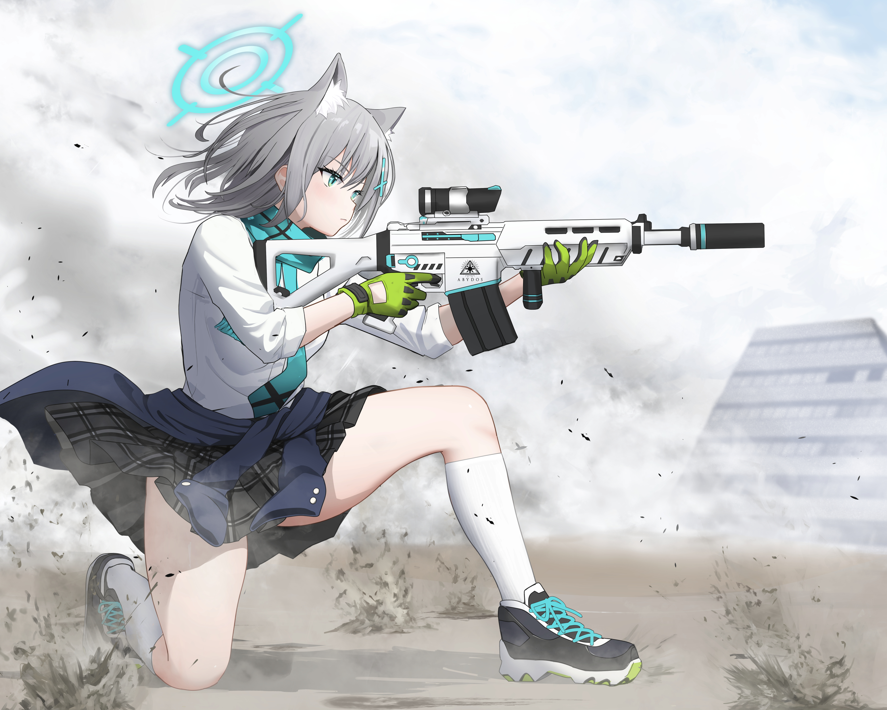 gibun (sozoshu), shiroko (blue archive), blue archive, absurdres, commentary request, highres, 1girl, aiming, animal ear fluff, animal ears, aqua scarf, assault rifle, black shoes, black skirt, blue eyes, closed mouth, collared shirt, cross hair ornament, dust, extra ears, from side, gloves, green gloves, grey hair, gun, hair ornament, halo, holding, holding gun, holding weapon, kneehighs, kneeling, long sleeves, plaid clothes, plaid skirt, rifle, scarf, scope, serious, shirt, shoes, skirt, sneakers, socks, solo, thighs, weapon, white shirt, white socks, wolf ears