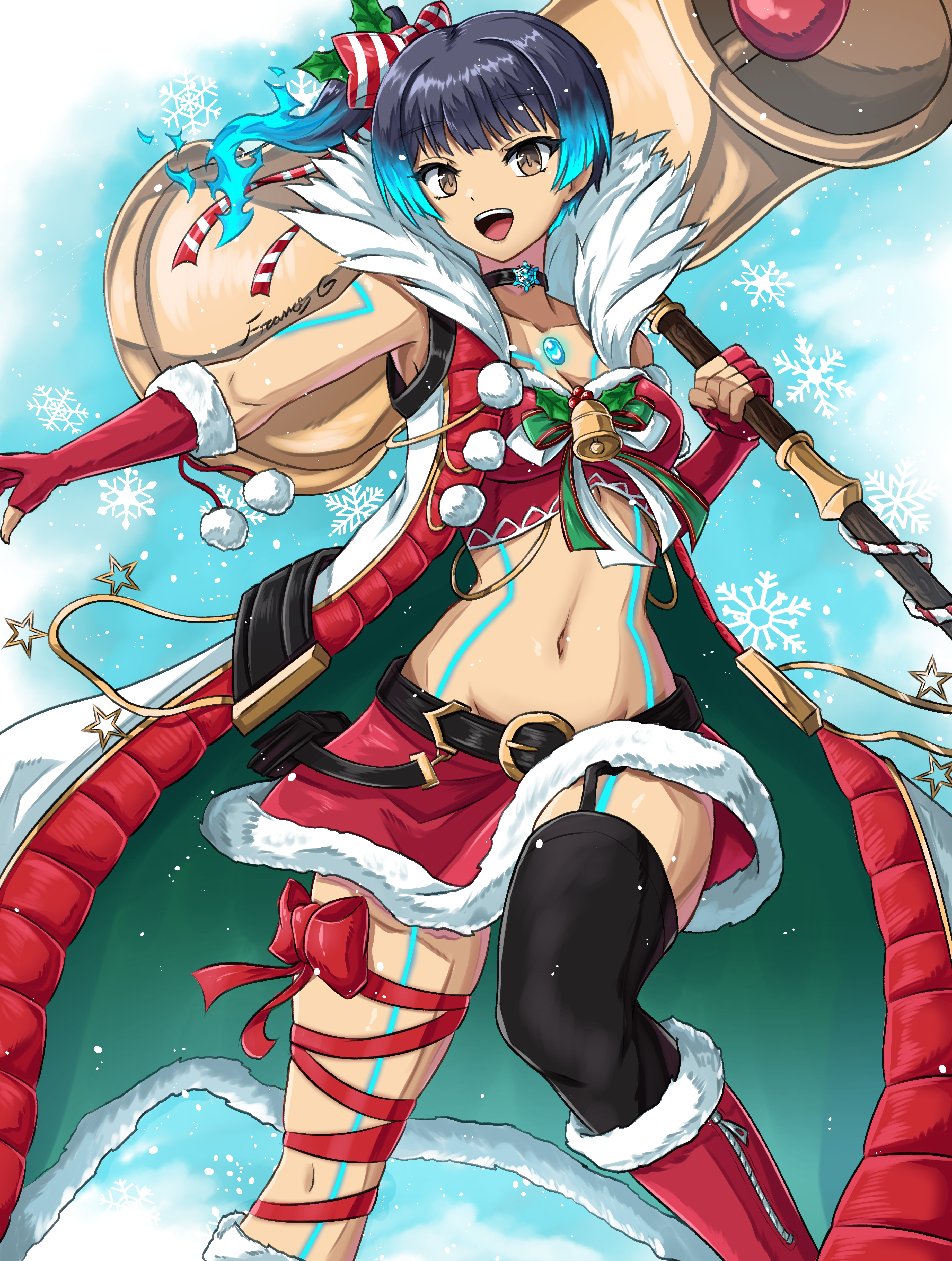 fgsketch, sena (xenoblade), xenoblade chronicles (series), xenoblade chronicles 3, absurdres, commentary, highres, 1girl, alternate costume, bare shoulders, bell, belt, black belt, black hair, blue hair, body markings, boots, bow, breasts, brown eyes, chest jewel, christmas, cleavage, coat, crop top, elbow gloves, feet out of frame, fiery hair, fingerless gloves, fur-trimmed boots, fur-trimmed gloves, fur trim, gloves, gradient hair, hammer, holding, holding hammer, looking at viewer, midriff, multicolored hair, navel, open clothes, open coat, open mouth, red boots, red bow, red gloves, red ribbon, red skirt, ribbon, santa costume, side ponytail, single thighhigh, skirt, sleeveless, sleeveless coat, small breasts, smile, snowflake choker, solo, stomach, teeth, thighhighs, upper teeth only