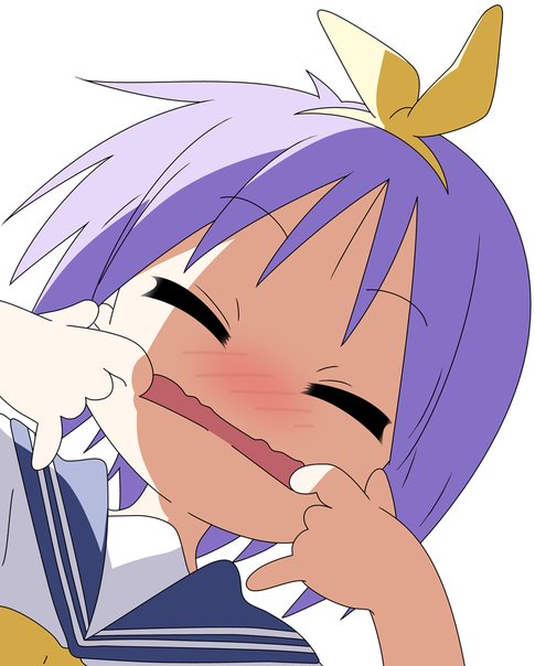 hiiragi tsukasa, lucky star, 00s, 1girl, blush, close-up, closed eyes, female focus, grimace, nose blush, pink hair, portrait, sailor collar, school uniform, serafuku, shade, short hair, simple background, solo, upper body, white background, wince