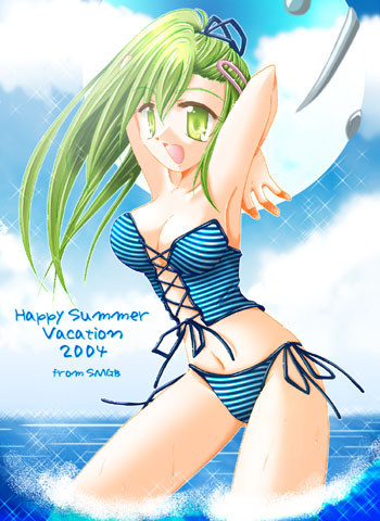 kitami erika, beatmania iidx, bemani, lowres, 1girl, bikini, day, female focus, green eyes, green hair, side-tie bikini bottom, solo, striped bikini, striped clothes, summer, swimsuit