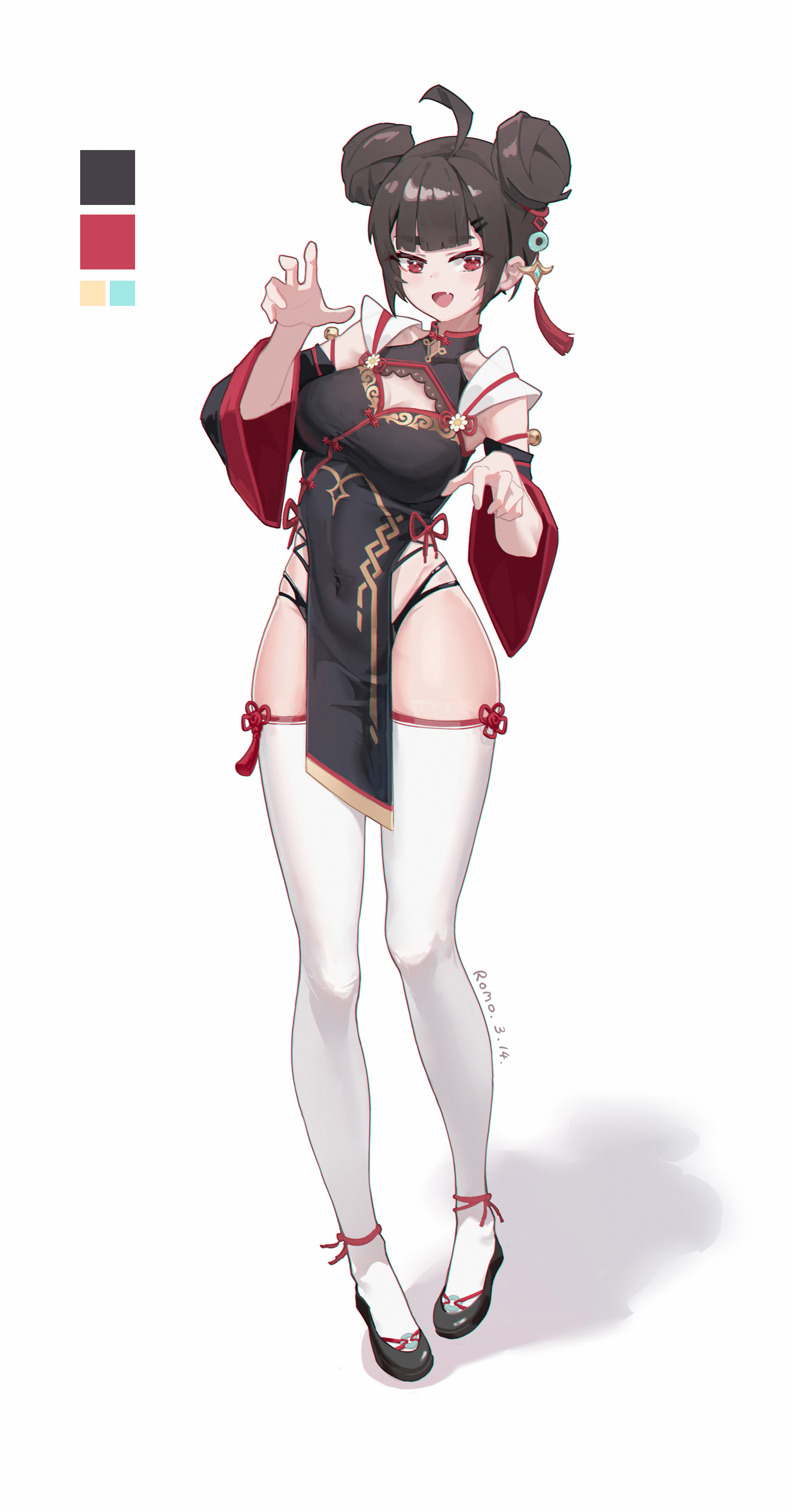 romoromo, original, absurdres, commentary request, highres, 1girl, ahoge, black dress, black shoes, blunt bangs, breasts, brown hair, china dress, chinese clothes, claw pose, cleavage cutout, clothing cutout, color guide, covered navel, double bun, dress, eyelashes, fang, hair bun, hair ornament, open mouth, red eyes, shadow, shoes, simple background, skin fang, smile, thighhighs, white background, white thighhighs