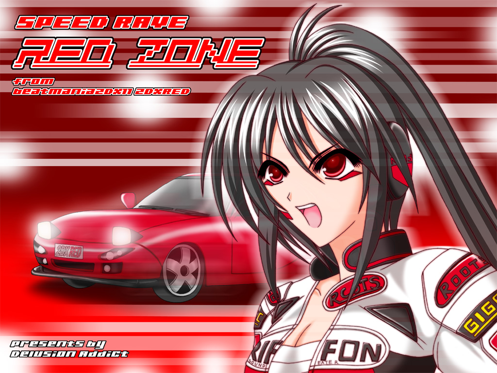 dj sakura, beatmania iidx, beatmania iidx 11 iidx red, bemani, mazda, md5 mismatch, resolution mismatch, source smaller, 1girl, biker clothes, bikesuit, black hair, bodysuit, breasts, car, cleavage, female focus, mazda rx-7, mazda rx-7 fd, motor vehicle, ponytail, red eyes, solo