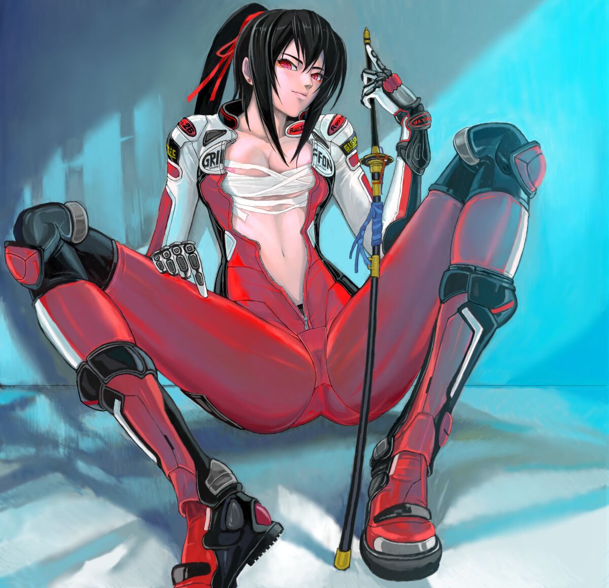 dj sakura, beatmania iidx, beatmania iidx 11 iidx red, bemani, 1girl, biker clothes, bikesuit, black hair, bodysuit, boots, breasts, cleavage, female focus, katana, nipple slip, nipples, ponytail, red boots, red eyes, sarashi, sitting, small breasts, solo, sword, unzipped, weapon, zipper