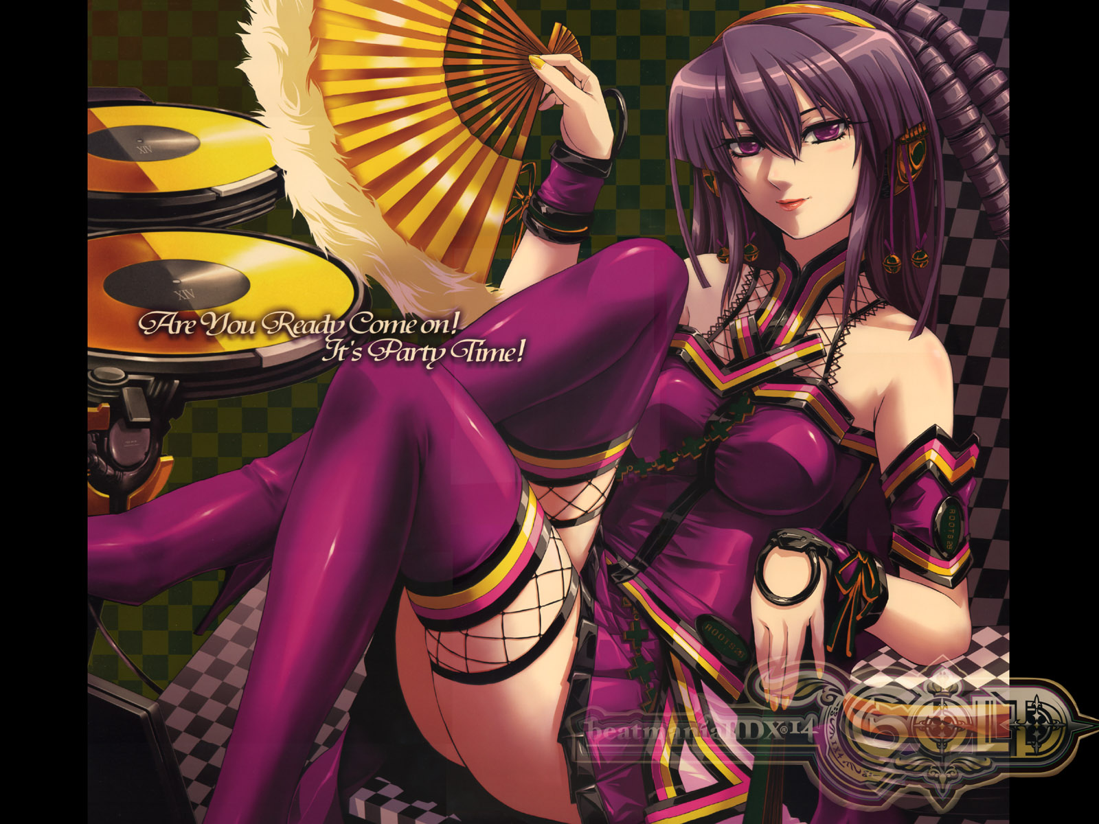 umegiri hifumi, beatmania iidx, beatmania iidx 14 gold, bemani, highres, english text, feather fan, folding fan, hand fan, purple hair, skirt, solo, thighhighs