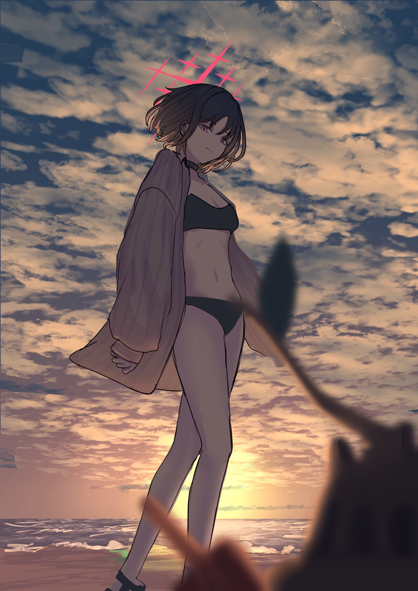 aka afl o, misaki (blue archive), misaki (swimsuit) (blue archive), blue archive, commentary request, highres, 1girl, beach, bikini, black bikini, black choker, black hair, blurry, blurry foreground, breasts, brown hair, brown shirt, choker, closed mouth, cloud, evening, halo, long sleeves, looking at viewer, ocean, open clothes, open shirt, outdoors, pink eyes, sand castle, sand sculpture, shirt, short hair, sky, small breasts, solo, standing, sunset, swimsuit