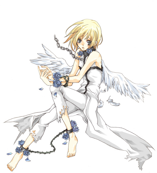 ky kiske, arc system works, guilty gear, 1boy, androgynous, blonde hair, blue rose, chain, collar, cuffs, flower, male focus, rose, shackles, solo, thorns, torn clothes, wings