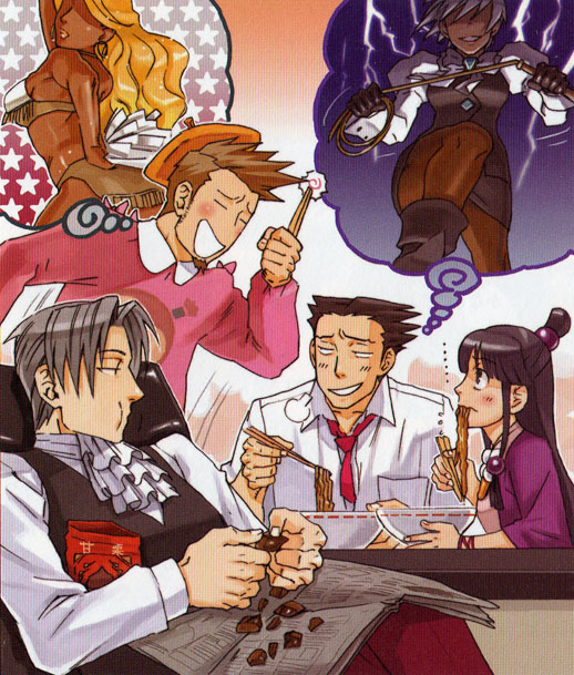 franziska von karma, larry butz, maya fey, miles edgeworth, phoenix wright, ace attorney, capcom, phoenix wright: ace attorney – trials and tribulations, 3boys, 3girls, ascot, chopsticks, food, formal clothes, half updo, multiple boys, multiple girls, noodles, pantyhose, ramen, suit, thighhighs, whip