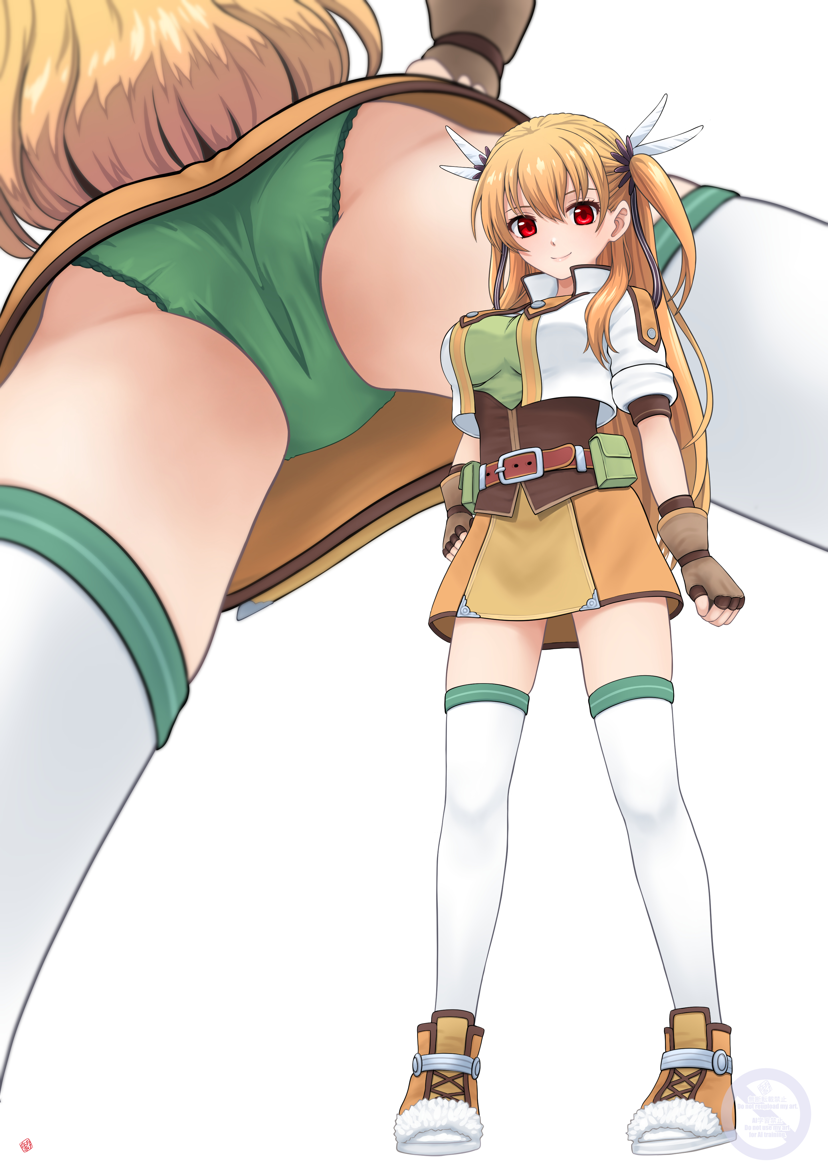 nao suke, alisa reinford, eiyuu densetsu, sen no kiseki (series), sen no kiseki i, absurdres, commentary request, commission, highres, skeb commission, 1girl, ass, blonde hair, fingerless gloves, gloves, green panties, hair ornament, long hair, mtu virus, multiple views, panties, red eyes, skirt, thighhighs, two side up, underwear, white thighhighs, wing hair ornament