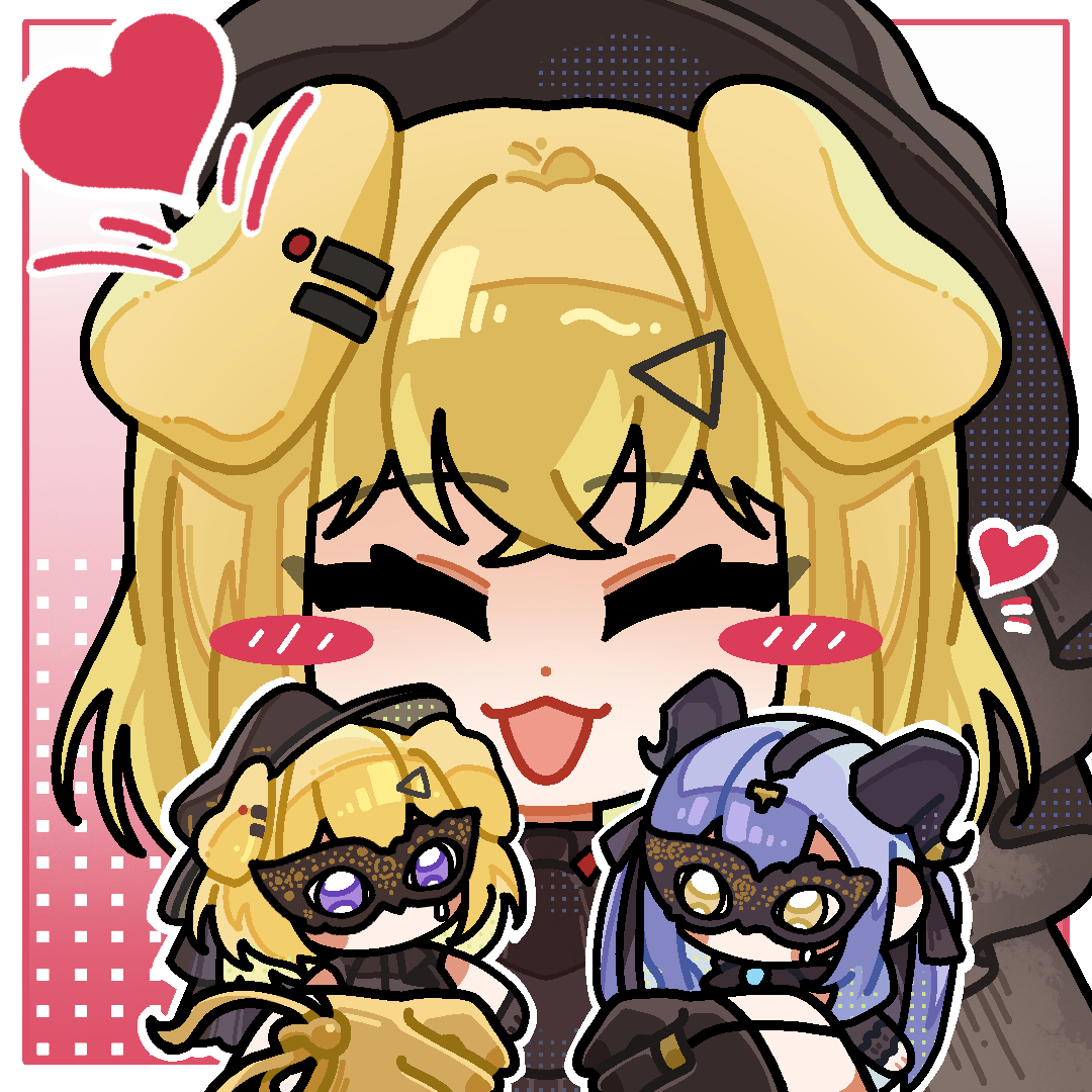 doloris (bang dream!), misumi uika, oblivionis (bang dream!), togawa sakiko, arknights, bang dream!, bang dream! it's mygo!!!!!, chinese commentary, commentary request, 1girl, :3, :d, animal ears, bi zenme bu ziji hua, black hat, blonde hair, blush stickers, border, character doll, chibi, chibi only, closed eyes, dog ears, dog girl, doll, hat, heart, holding, holding doll, kemonomimi mode, medium hair, misumi uika (caged singer), open mouth, outside border, purple eyes, smile, solo, togawa sakiko (master of melodia), veil, white border, yellow eyes