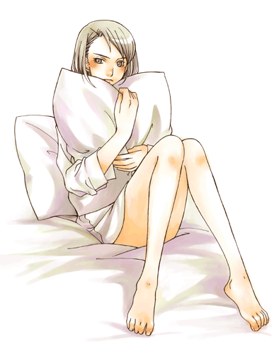 franziska von karma, ace attorney, capcom, lowres, 1girl, barefoot, blouse, bottomless, feet, female focus, frown, full body, hugging object, knees together feet apart, mole, mole under eye, pillow, pillow hug, shirt, sitting, solo, swept bangs, white background, white shirt