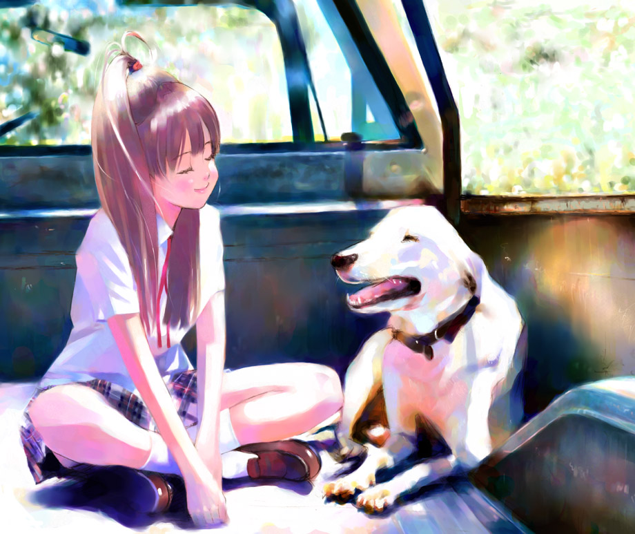 1girl, closed eyes, crossed legs, dog, female focus, indian style, legs, ponytail, sitting, skirt, slice of life, smile, solo