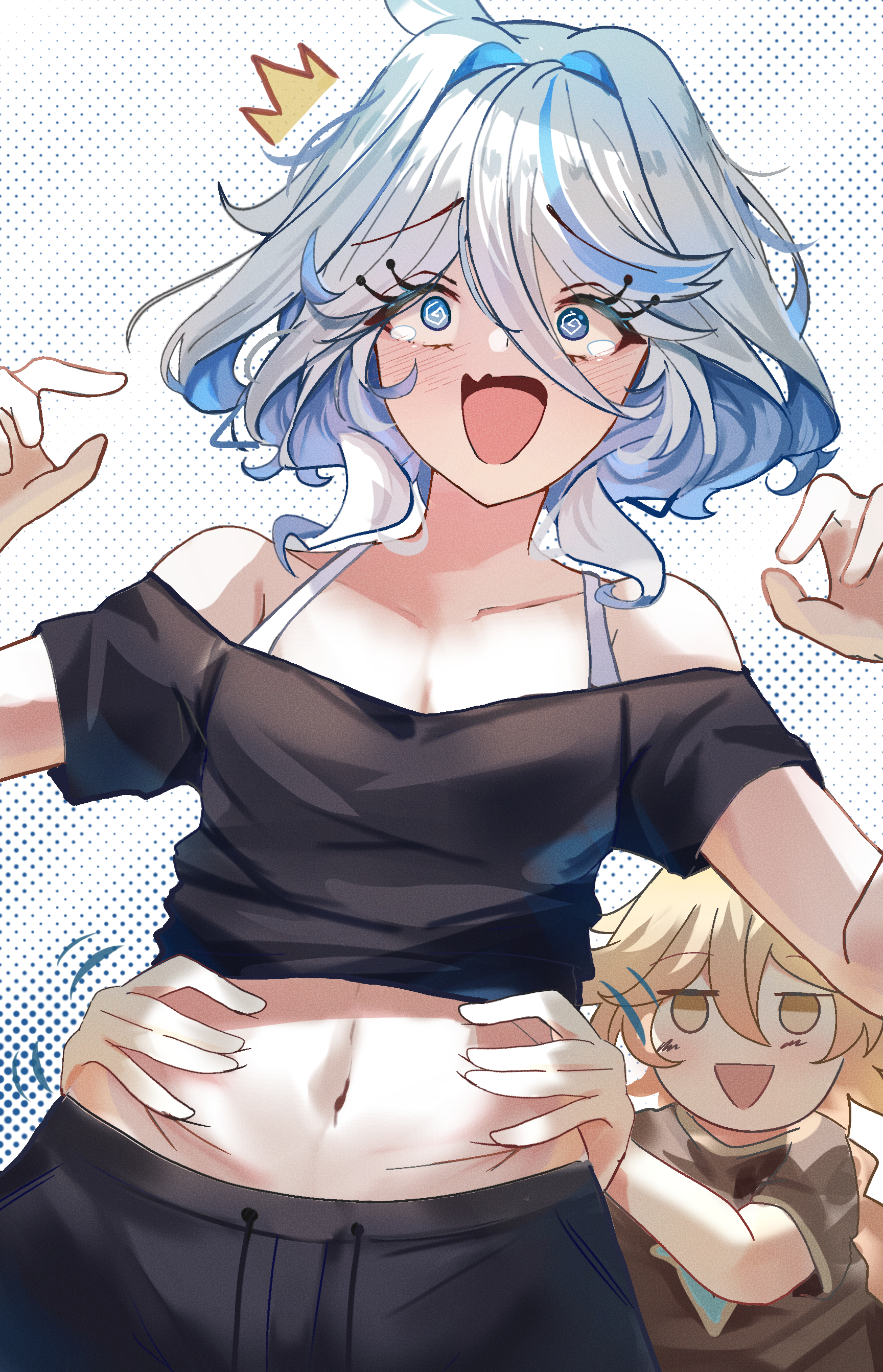 bimmy, aether (genshin impact), furina (genshin impact), genshin impact, absurdres, highres, 1boy, 1girl, @ @, belly grab, black shirt, blonde hair, blue eyes, blue hair, blush, braid, braided ponytail, collarbone, hetero, heterochromia, laughing, navel, open mouth, shirt, short hair, tearing up, tickling, white hair