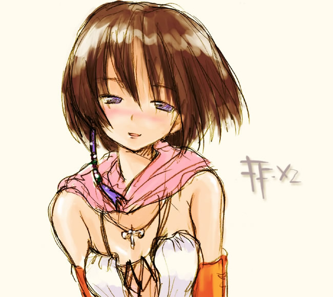 yuna, yuna (ff10), final fantasy, final fantasy x, final fantasy x-2, 00s, 1girl, blush, brown hair, female focus, solo