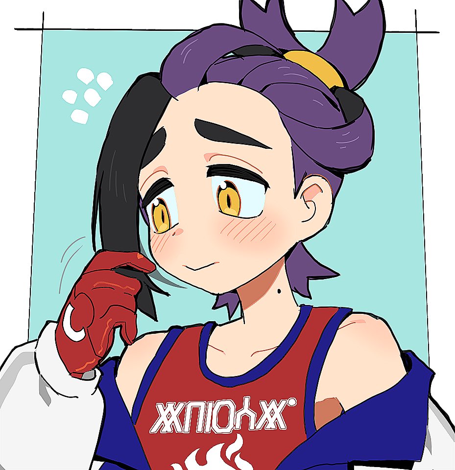 peeking pickle, kieran (pokemon), nintendo, pokemon, pokemon sv, commentary request, korean commentary, 1boy, black hair, blush, border, closed mouth, gloves, jacket, long sleeves, male focus, mole, mole on neck, multicolored hair, off shoulder, open clothes, open jacket, purple hair, red gloves, red tank top, simple background, solo, tank top, thick eyebrows, upper body, yellow eyes