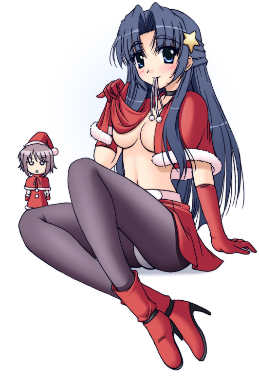 narutaki shin, asakura ryoko, nagato yuki, suzumiya haruhi no yuuutsu, 00s, 2girls, breasts, capelet, christmas, flapper shirt, half updo, multiple girls, panties, panties under pantyhose, pantyhose, santa costume, shirt, underboob, underwear