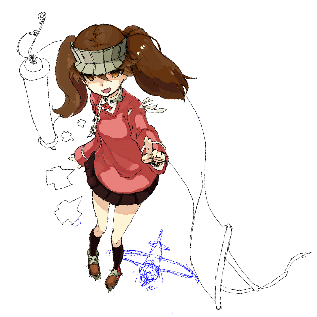 sarukichi, ryuujou (kancolle), kantai collection, 1girl, aircraft, black skirt, black socks, brown eyes, brown hair, brown shoes, grey hat, hair between eyes, hat, japanese clothes, kariginu, long sleeves, looking at viewer, magatama, miniskirt, open mouth, pleated skirt, salute, scroll, shikigami, shirt, shoes, simple background, skirt, socks, solo, twintails, two-finger salute, visor cap, white background