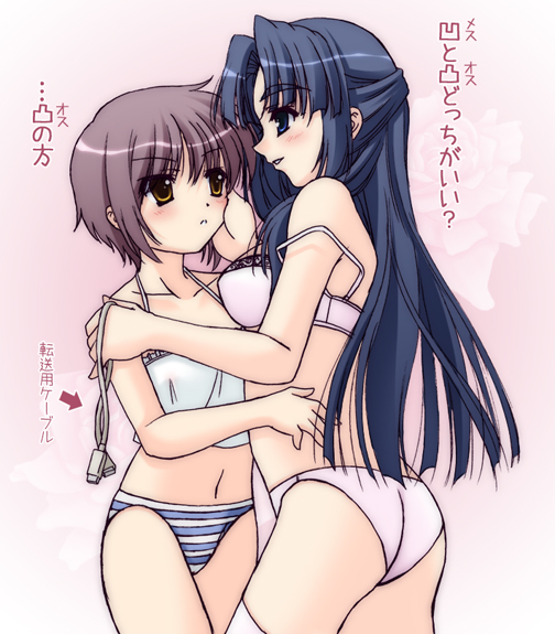 narutaki shin, asakura ryoko, nagato yuki, suzumiya haruhi no yuuutsu, silver hair, translated, 00s, 2girls, blue eyes, blue hair, blush, bra, camisole, chemise, half updo, lingerie, long hair, multiple girls, panties, short hair, strap slip, striped clothes, striped panties, underwear, underwear only, usb, yellow eyes, yuri