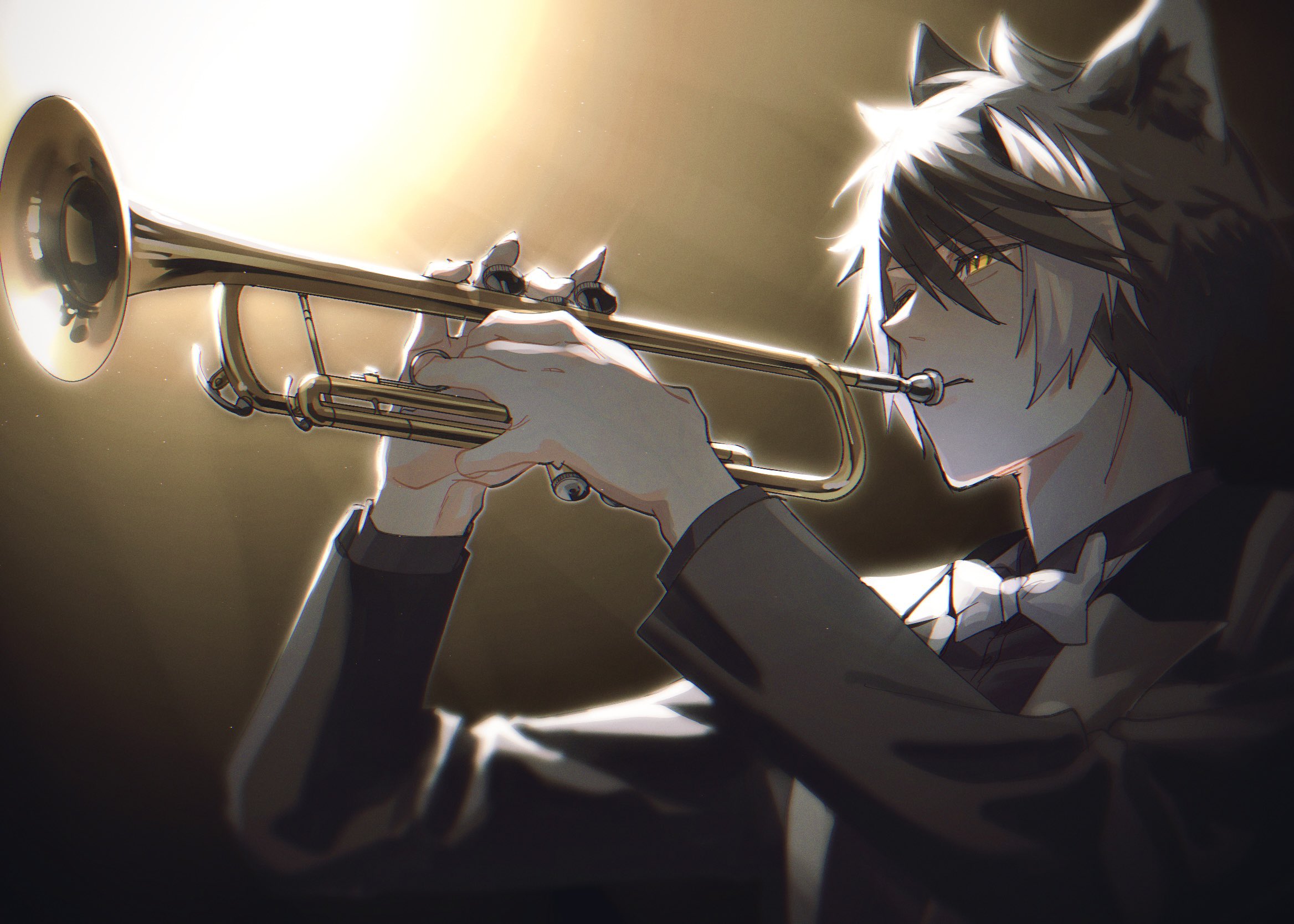 momiage 40, kageyama shien, holostars, commentary, highres, symbol-only commentary, 1boy, animal ears, black hair, black jacket, black shirt, bow, bowtie, fingernails, formal clothes, hair between eyes, hands up, holding, holding instrument, holding trumpet, instrument, jackal boy, jackal ears, jacket, lapels, looking ahead, male focus, multicolored hair, music, official alternate costume, parted lips, peaked lapels, playing instrument, profile, serious, sharp fingernails, shirt, short hair, sidelighting, solo, suit jacket, traditional bowtie, trumpet, two-tone hair, upper body, v-shaped eyebrows, virtual youtuber, white bow, white bowtie, white hair, yellow eyes