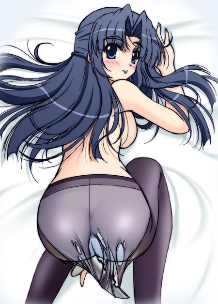 narutaki shin, asakura ryoko, suzumiya haruhi no yuuutsu, 00s, 1girl, all fours, ass, bed, blush, breasts, crotch seam, female focus, half updo, knife, panties, panties under pantyhose, pantyhose, ripping, sideboob, solo, tearing clothes, tongue, torn clothes, torn pantyhose, underwear