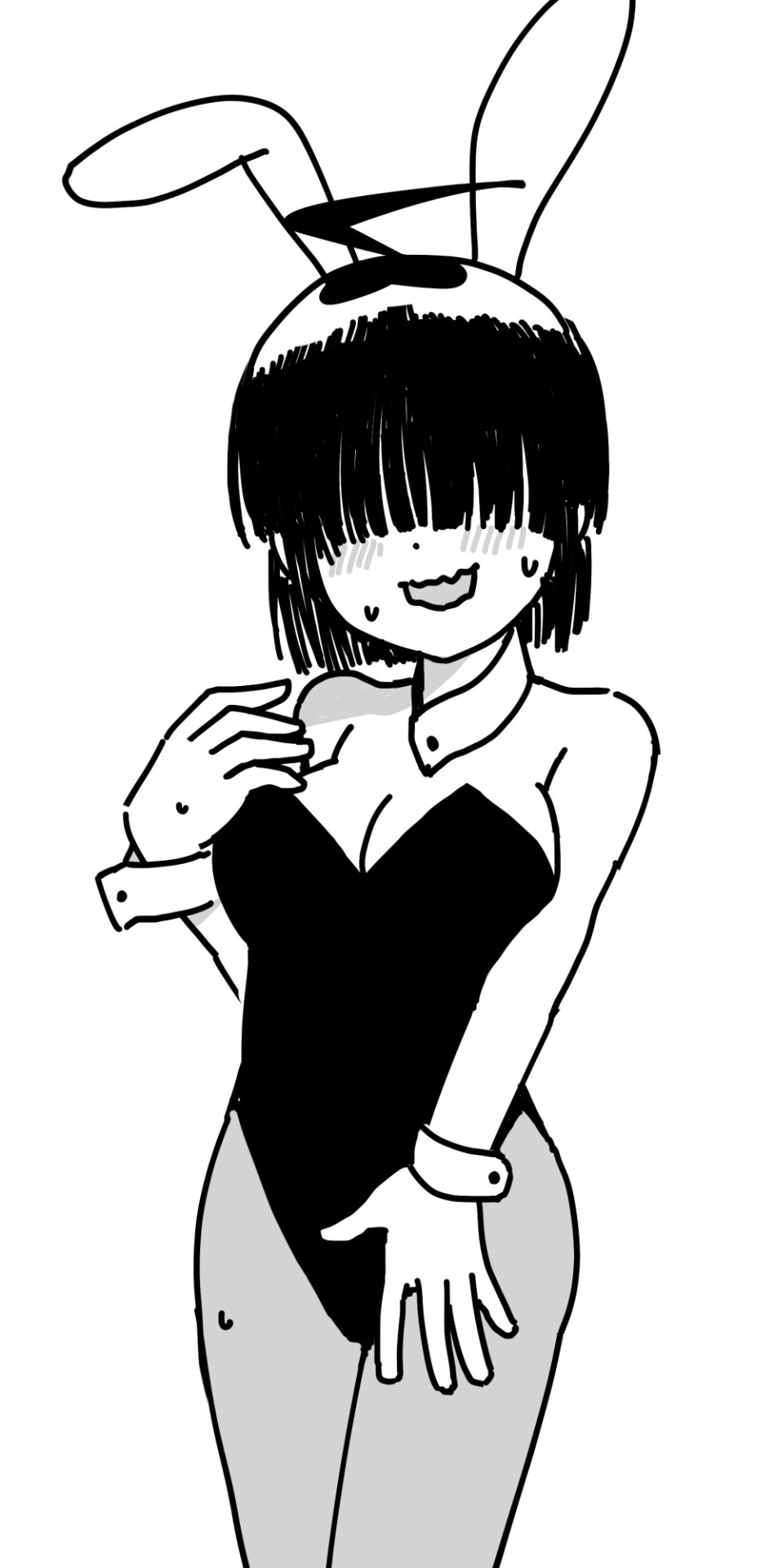 nyaromeron, sacchan (nyaromeron), original, highres, 1girl, ahoge, breasts, huge ahoge, large breasts, leotard, no eyes, pantyhose, playboy bunny, sweat