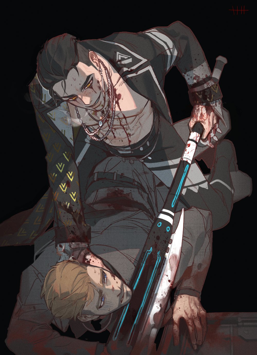felix richter, the trickster (dead by daylight), dead by daylight, commentary request, highres, 2boys, black hair, blood, bound, brown hair, facial hair, green hair, hex stbfl, male focus, multiple boys, short hair, stubble, twitter username, yaoi, yellow eyes