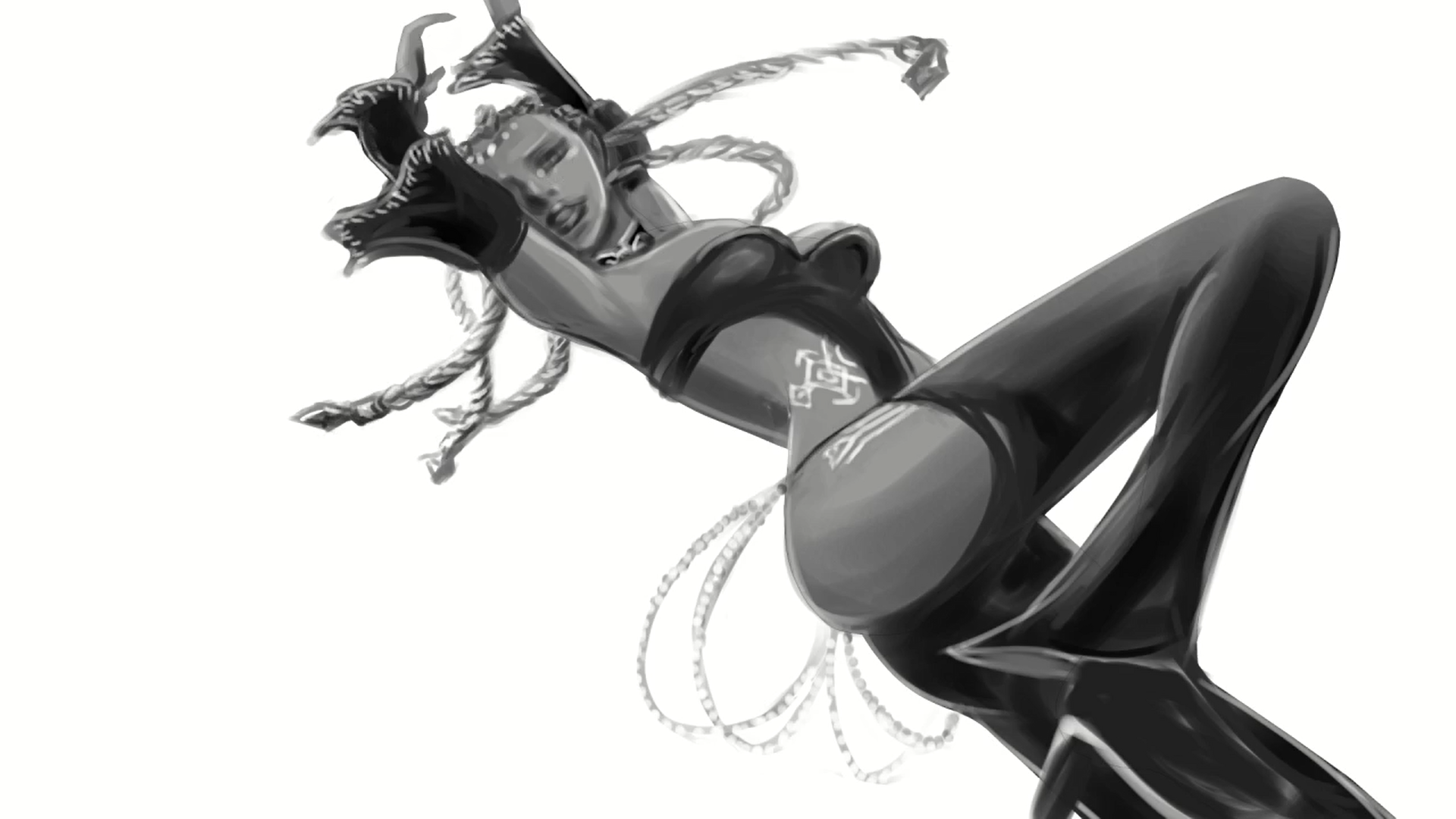 abkc94, dolores (kof), the king of fighters, 1girl, ass, bodypaint, braid, braided ponytail, breasts, curvy, dress, female focus, hands up, heel up, jewelry, large breasts, leg up, long hair, long sleeves, looking at viewer, thick lips, thick thighs, thighs, white hair