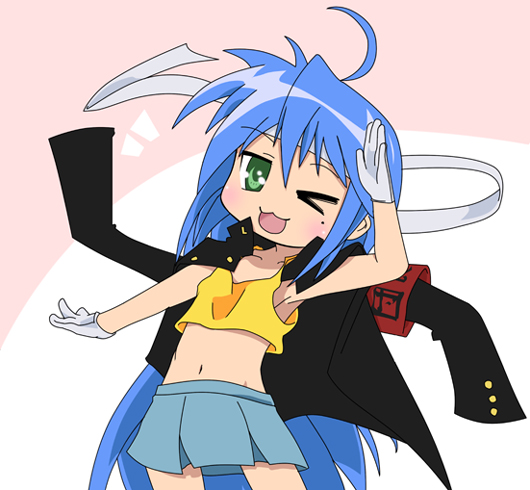 teperyndroors, hirano aya, izumi konata, suzumiya haruhi, lucky star, suzumiya haruhi no yuuutsu, 1girl, armband, cosplay, female focus, jacket, jacket on shoulders, mole, mole under eye, solo, suzumiya haruhi (cosplay), voice actor connection
