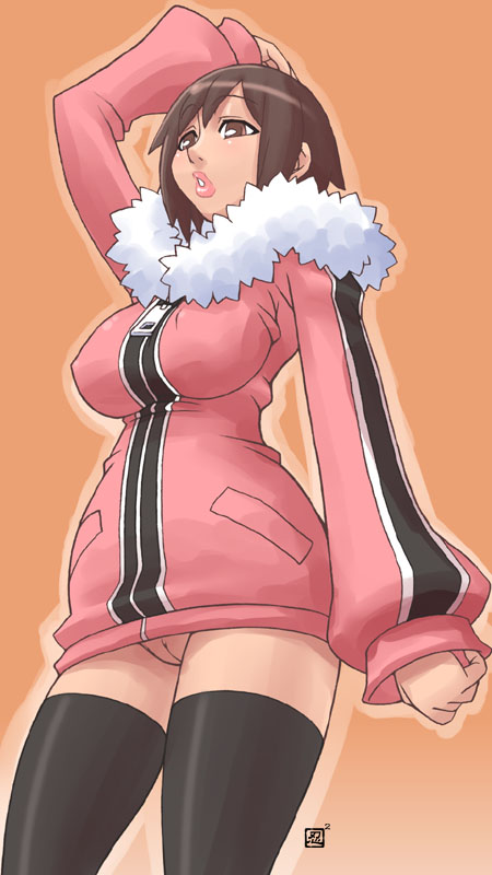 kenix, 1girl, breasts, brown eyes, brown hair, cleft of venus, female focus, gradient background, naked sweater, no panties, pussy, solo, sweater, thighhighs