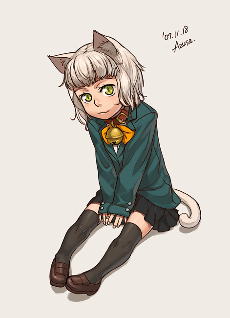azusa (hws), 1girl, :3, animal ears, bell, blazer, cat ears, cat tail, female focus, green eyes, jacket, school uniform, skirt, solo, tail, thighhighs