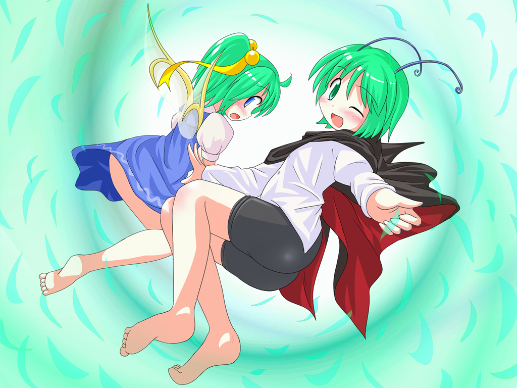 des (namaasi), daiyousei, wriggle nightbug, embodiment of scarlet devil, touhou, 2girls, antennae, blue eyes, blush, cape, dress, fairy wings, female focus, green eyes, green hair, hair bobbles, hair ornament, multiple girls, open mouth, wings