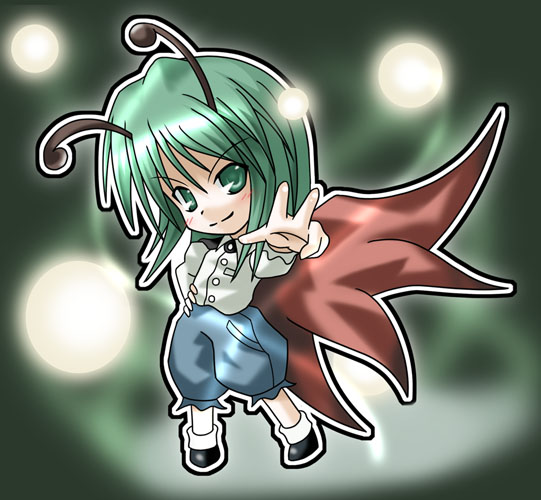 kukyo, wriggle nightbug, touhou, >:), 1girl, antennae, blouse, bug, cape, chibi, collared shirt, female focus, fireflies, firefly, green eyes, green hair, hand on own hip, insect, matching hair/eyes, shirt, short hair, socks, solo, v-shaped eyebrows, white shirt, white socks