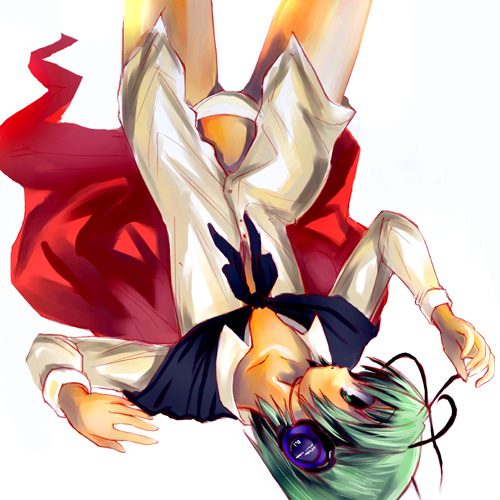 wriggle nightbug, touhou, lowres, 1girl, antennae, cape, female focus, green eyes, green hair, headphones, lowleg, lowleg panties, matching hair/eyes, panties, solo, underwear, upside-down