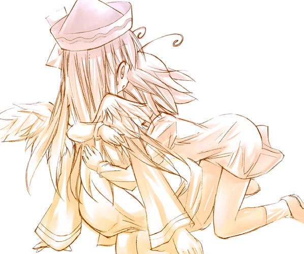 lily white, wriggle nightbug, touhou, 2girls, antennae, female focus, hug, long hair, monochrome, multiple girls, wings