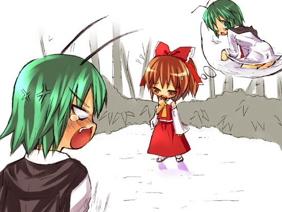 hakurei reimu, wriggle nightbug, touhou, 2girls, angry, antennae, brown eyes, brown hair, cape, detached sleeves, female focus, green eyes, green hair, imagining, multiple girls, open mouth, tears