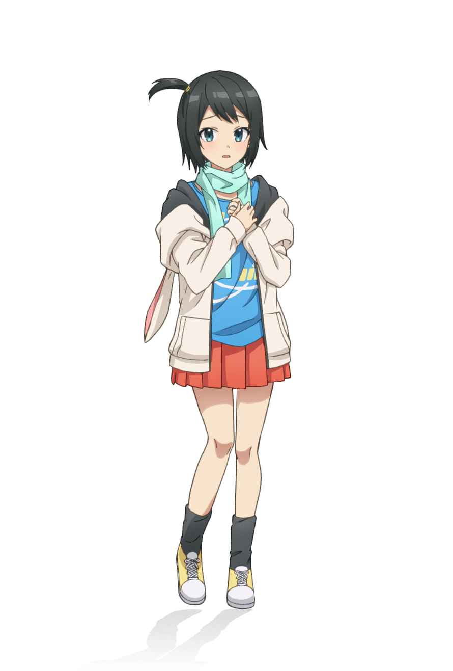 taniguchi motohiro, eniwa airi, cue!, highres, official art, 1girl, anime coloring, black socks, blue eyes, blue scarf, blue shirt, blush, breasts, full body, green hair, hood, hood down, hoodie, long sleeves, looking at viewer, one side up, open clothes, open hoodie, open mouth, orange skirt, parted lips, pleated skirt, scarf, shirt, shoes, short hair, simple background, skirt, small breasts, socks, solo, standing, t-shirt, tachi-e, transparent background, wavy mouth, white hood, white hoodie, yellow shoes