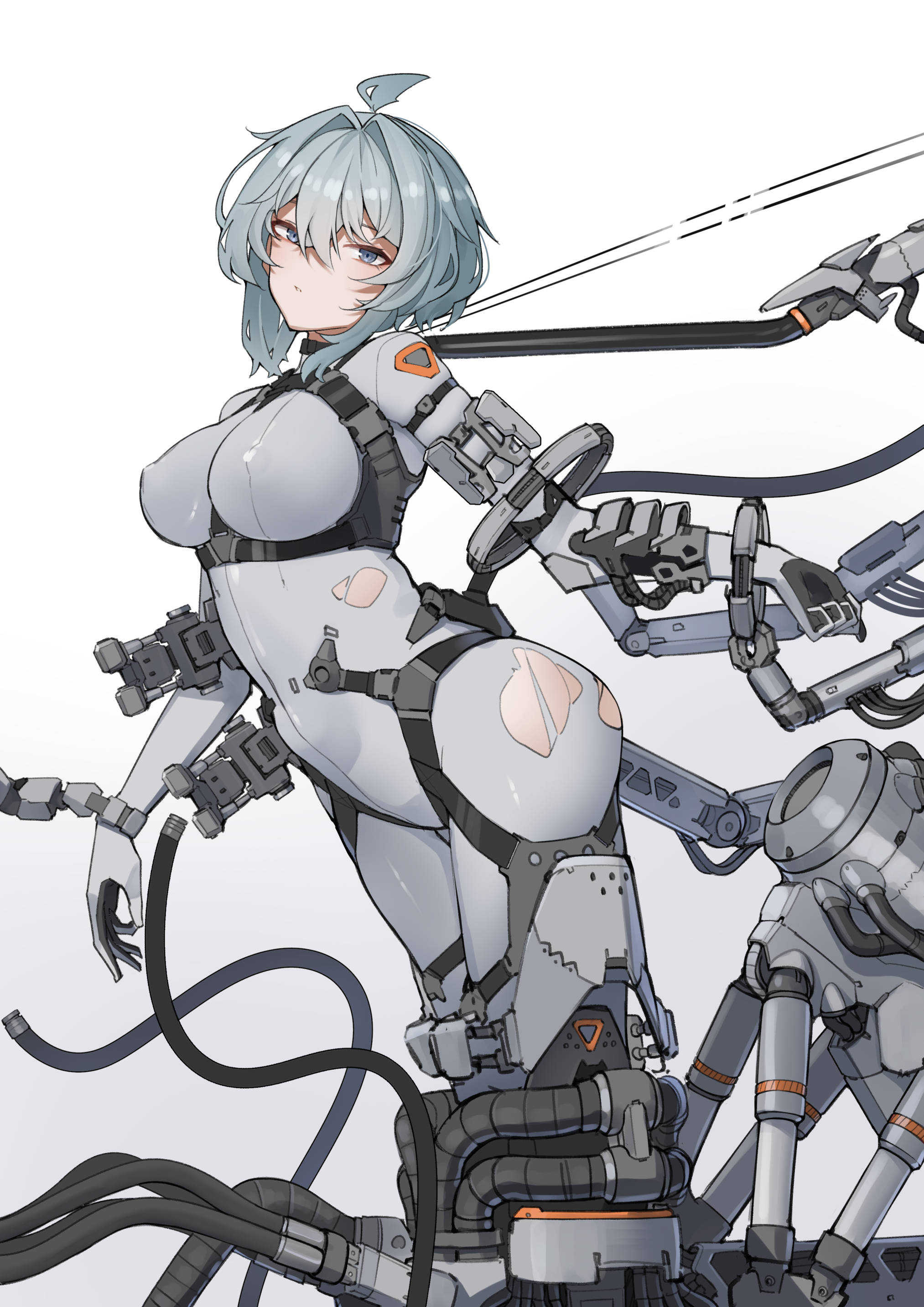ringobatake, original, absurdres, highres, 1girl, blue eyes, blue hair, bodysuit, breasts, from side, grey bodysuit, large breasts, long hair, looking at viewer, mecha musume, mechanical arms, mechanical legs, skin tight, torn bodysuit, torn clothes, white background