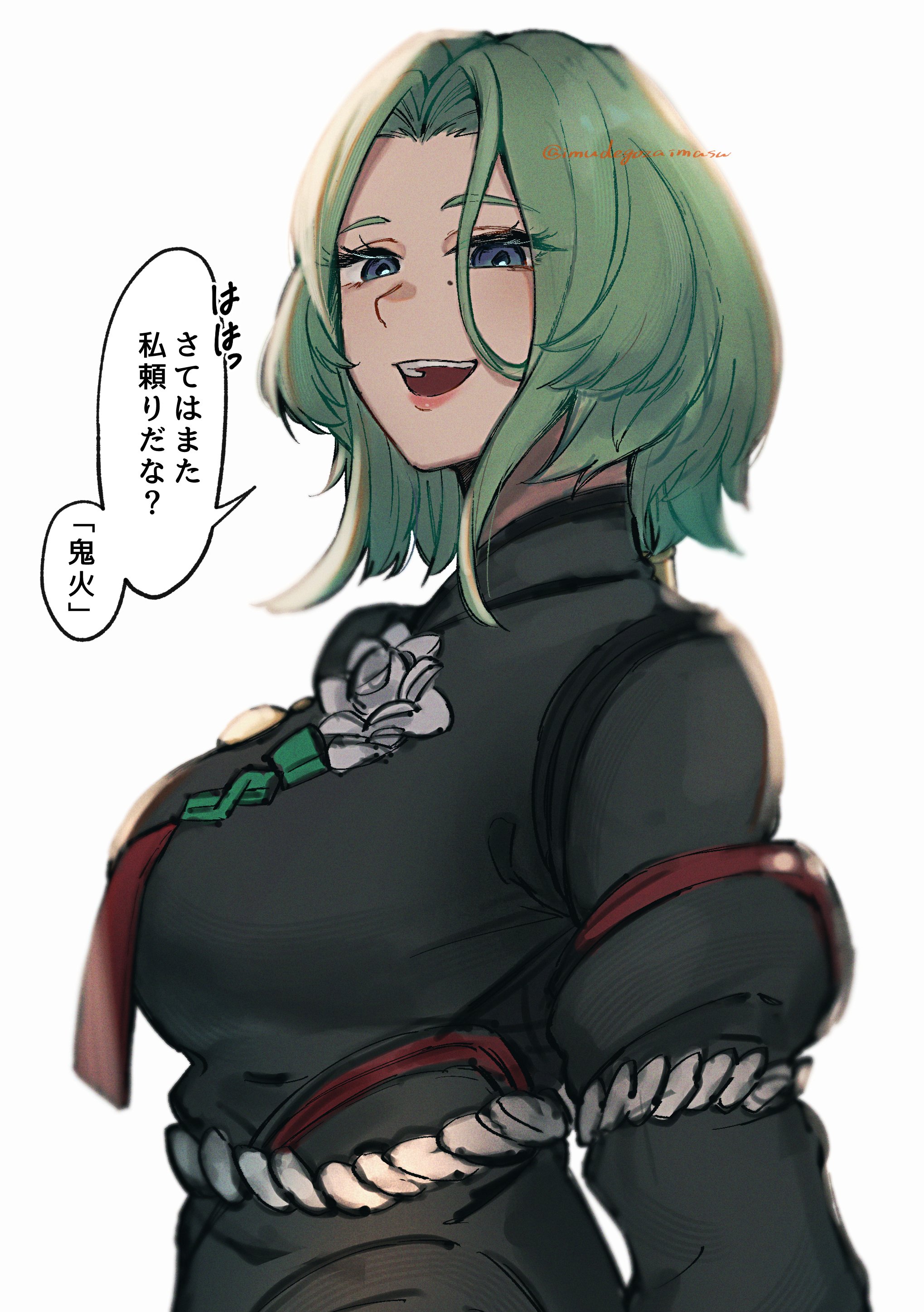 imudegozaimasu, isolde (zenless zone zero), zenless zone zero, absurdres, commentary request, highres, translation request, 1girl, black dress, breasts, dress, flower on chest, from side, green eyes, green hair, large breasts, long hair, long sleeves, looking at viewer, looking to the side, loose hair strand, open mouth, simple background, solo, teeth, upper body, upper teeth only, white background