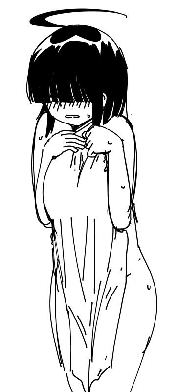 nyaromeron, sacchan (nyaromeron), original, commentary request, 1girl, ahoge, blunt bangs, covering privates, hair over eyes, nude cover, short hair, tegaki, towel