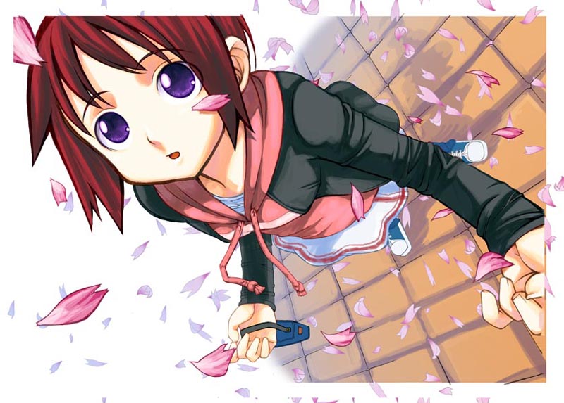 tagme, 1girl, brown hair, female focus, petals, purple eyes, skirt, solo