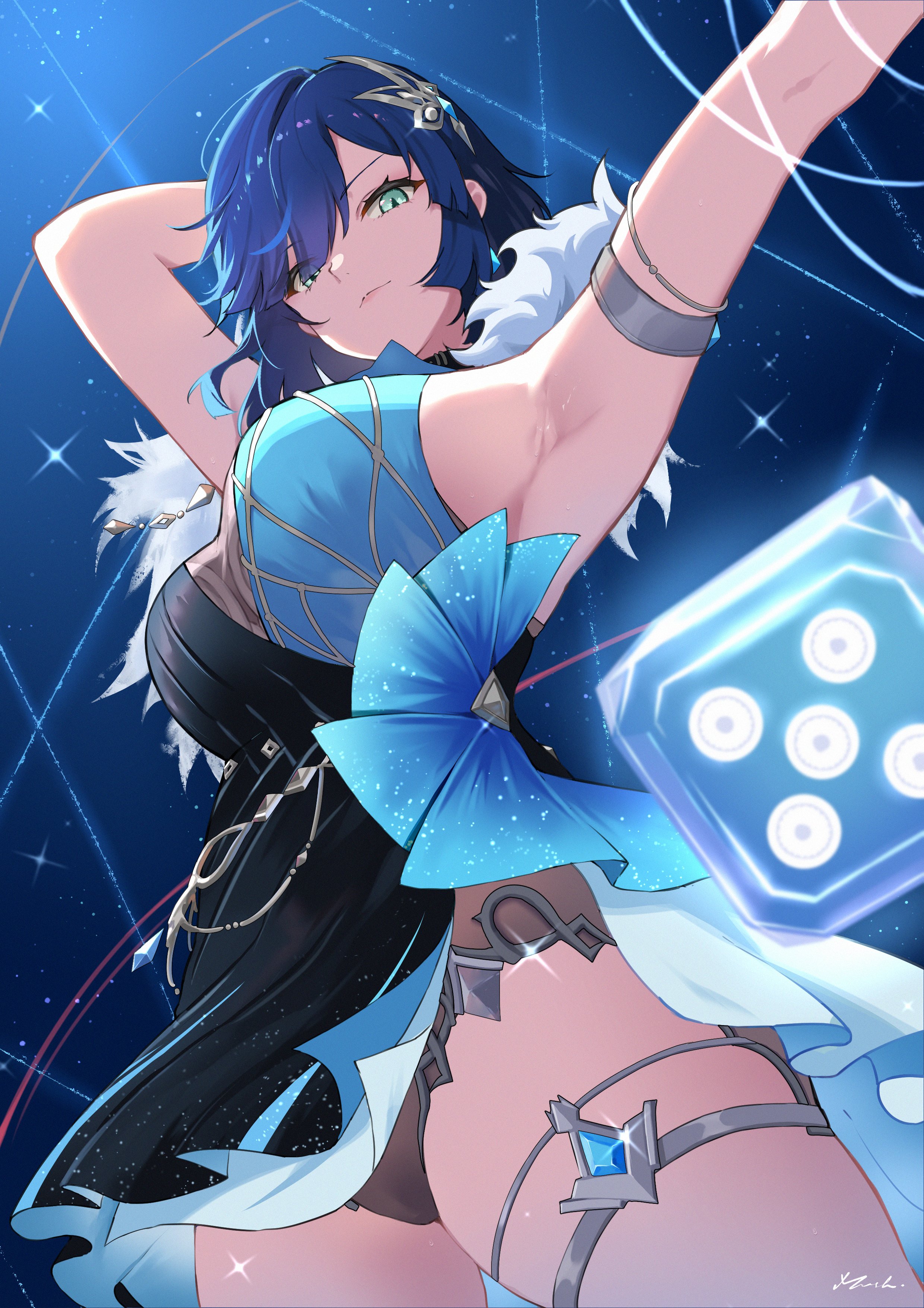 mush (mushlicious), yelan (genshin impact), yelan (tranquil banquet) (genshin impact), genshin impact, absurdres, commentary, english commentary, highres, 1girl, armlet, armpits, black dress, blue dress, blue hair, breasts, closed mouth, cowboy shot, dress, feather boa, from below, glint, hair ornament, jewelry, large breasts, looking at viewer, looking down, medium hair, official alternate costume, parted bangs, signature, silver armlet, silver thighlet, sleeveless, sleeveless dress, solo, thighlet, two-tone dress