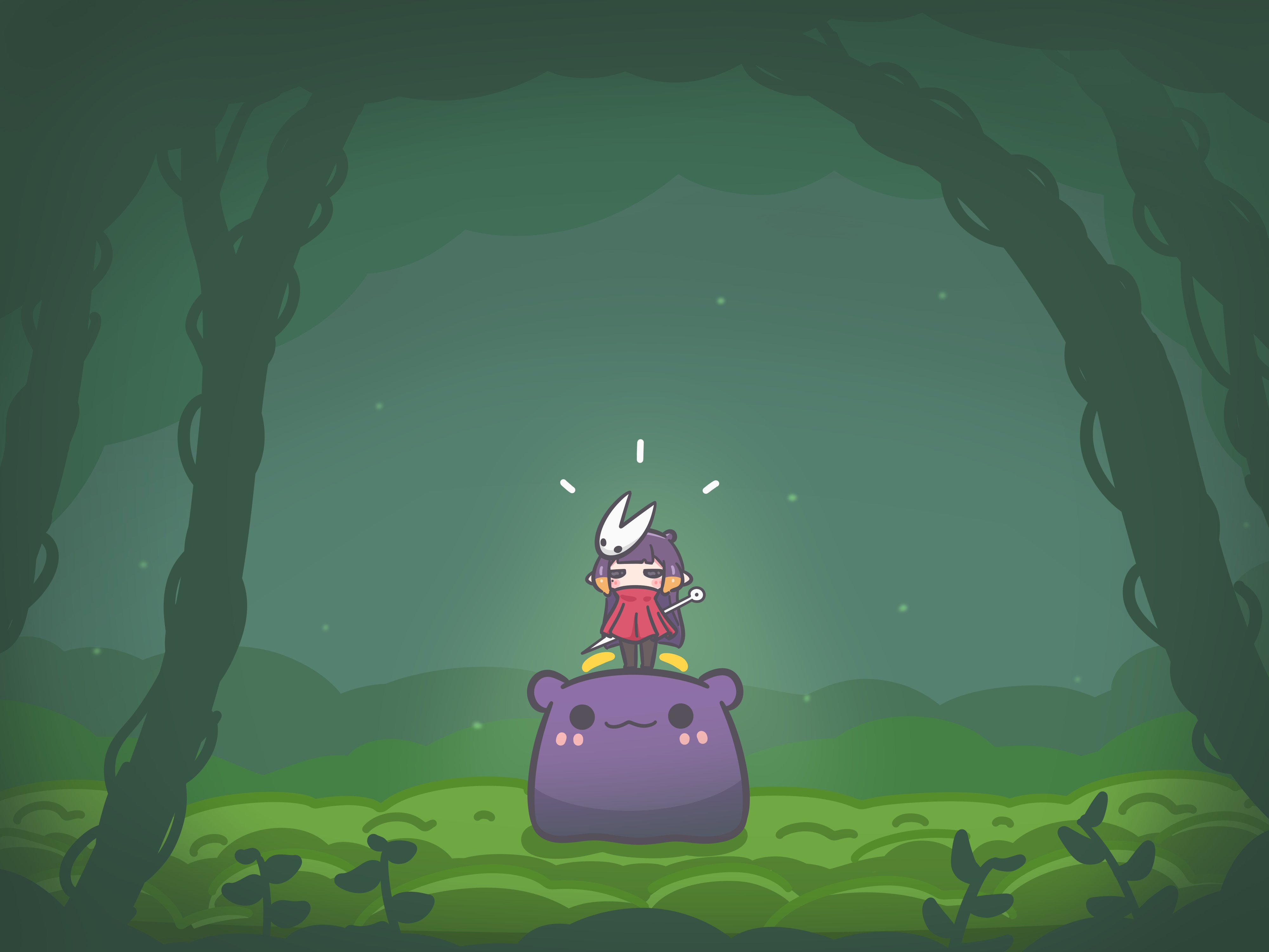 mpien, hornet (hollow knight), ninomae ina'nis, takodachi (ninomae ina'nis), hollow knight, hollow knight: silksong, hololive, hololive english, absurdres, commentary, highres, 1girl, :3, alternate costume, cloak, closed mouth, cosplay, halo, hornet (hollow knight) (cosplay), long hair, multicolored hair, orange hair, pointy ears, purple hair, size difference, tentacle hair, virtual youtuber