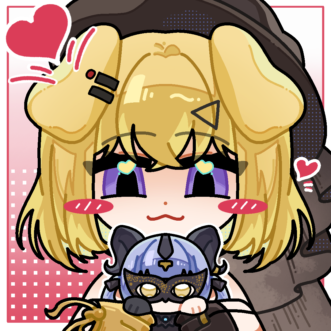 misumi uika, oblivionis (bang dream!), togawa sakiko, arknights, bang dream!, bang dream! it's mygo!!!!!, chinese commentary, commentary request, 1girl, :3, animal ears, bi zenme bu ziji hua, black hat, blonde hair, blue hair, blush stickers, border, character doll, chibi, chibi only, closed mouth, curled horns, dog ears, dog girl, doll, hat, heart, holding, holding doll, horns, kemonomimi mode, long hair, looking at viewer, medium hair, misumi uika (caged singer), outside border, purple eyes, solo, togawa sakiko (master of melodia), veil, white border, yellow eyes