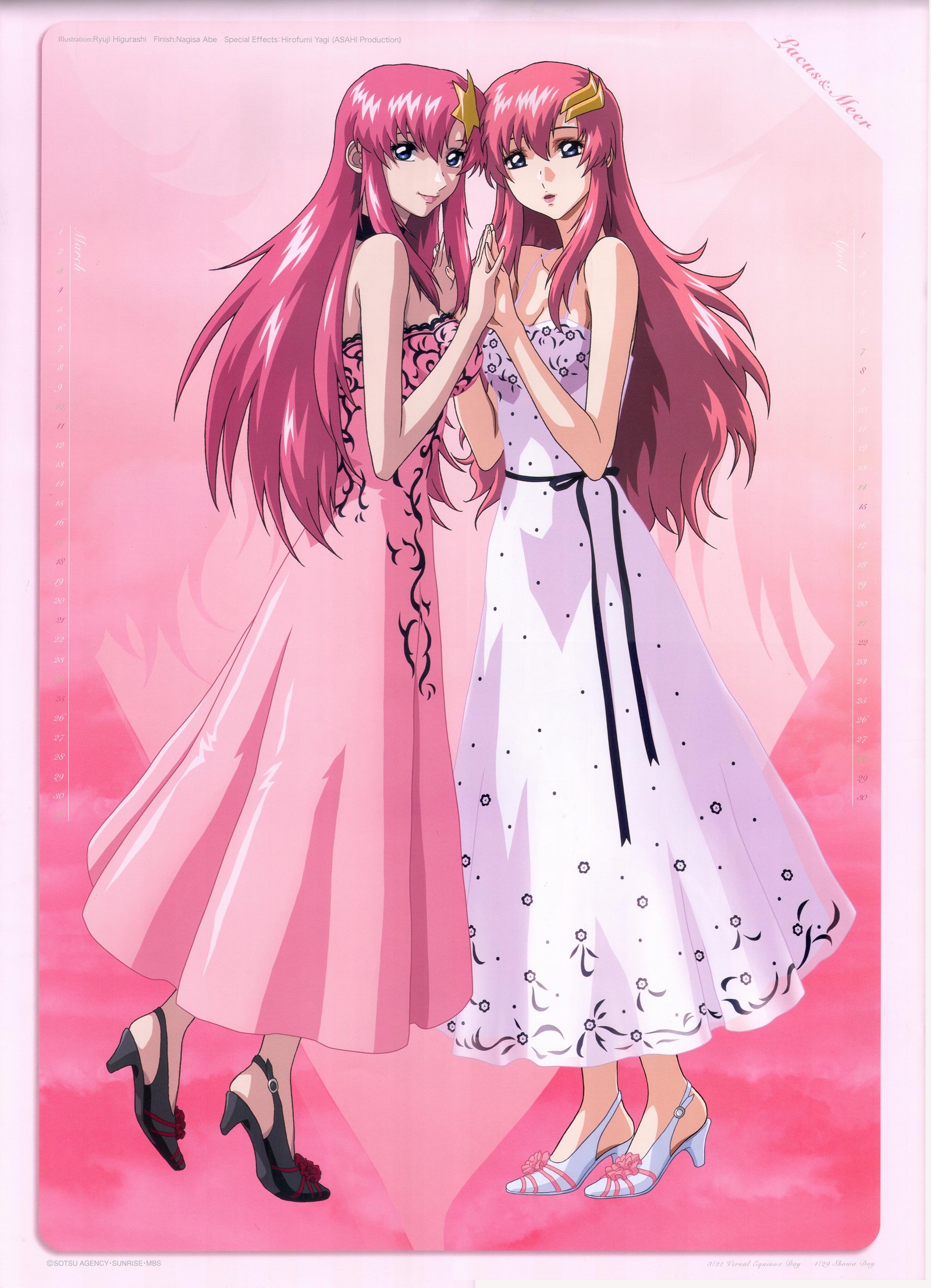 higurashi ryuuji, lacus clyne, meer campbell, gundam, gundam seed, gundam seed destiny, highres, official art, scan, 00s, 2girls, :o, alternate costume, april, belt, blue eyes, breasts, calendar, choker, cleavage, dress, floral print, flower, formal clothes, hair ornament, high heels, holding hands, lace, large breasts, lipstick, long hair, looking at viewer, looking back, makeup, march, multiple girls, open mouth, parted bangs, pink hair, profile, ribbon, shoes, smile, standing, star (symbol), star hair ornament, tiptoes, very long hair