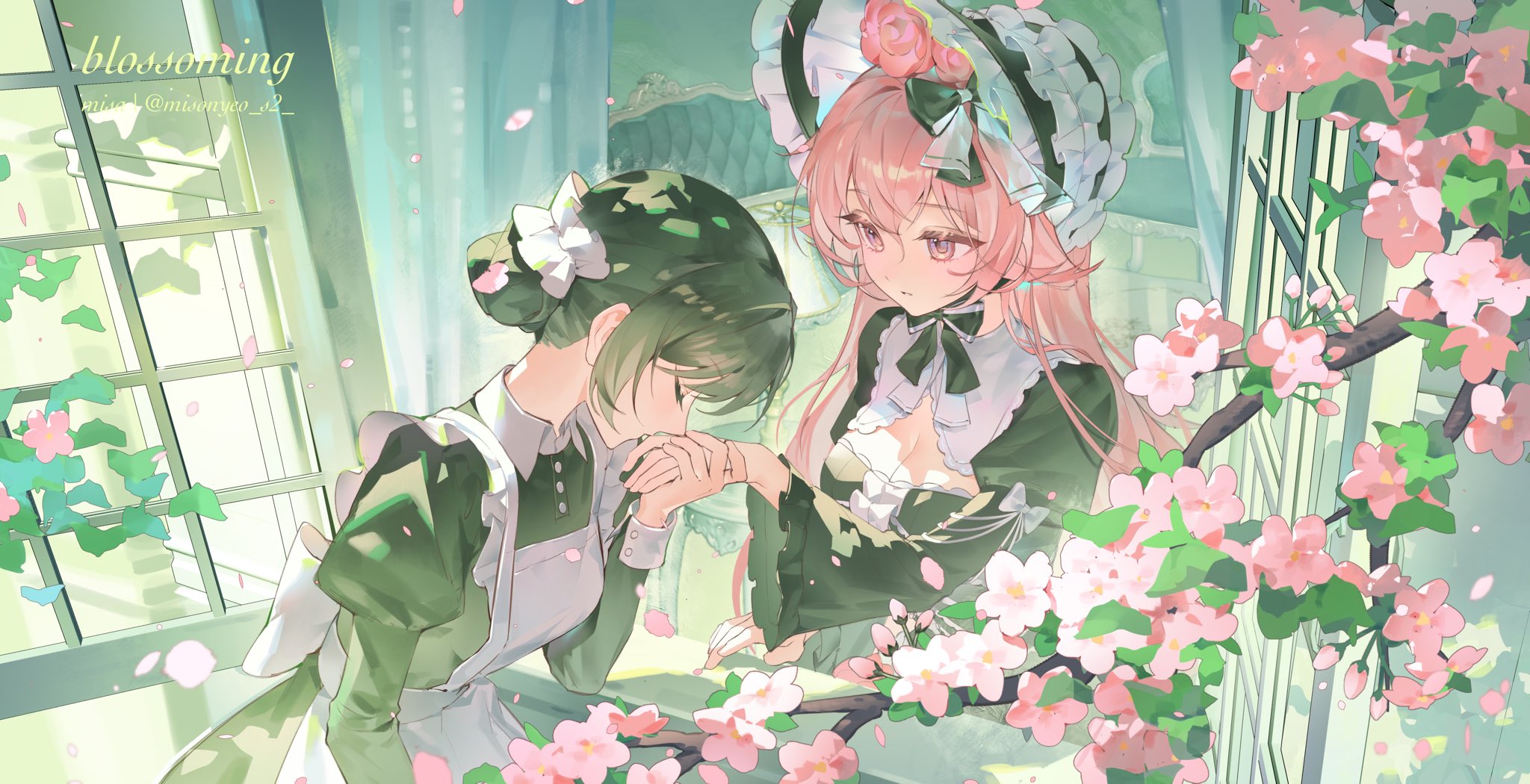misonyeo s2, original, highres, 1girl, apron, aristocratic clothes, back bow, black dress, black hair, blush, bonnet, bow, breasts, cherry blossoms, cleavage cutout, closed eyes, clothing cutout, cursive, dress, english text, falling petals, flower, frilled hairband, frilled sleeves, frills, hair bun, hair flaps, hair flower, hair ornament, hairband, juliet sleeves, kiss, kissing hand, long hair, long sleeves, looking at another, maid, maid apron, medium breasts, open window, petals, pink eyes, pink hair, puffy sleeves, white apron, wide sleeves, window, yuri