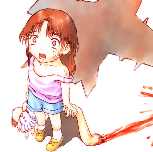 fugetsu taku, bad id, bad pixiv id, 1girl, accident, aircraft, airplane, blood, blood on face, blouse, bone, child, death, doll, empty eyes, female focus, guro, holding hands, injury, severed limb, shirt, sleeveless, sleeveless shirt, solo, tears, wide-eyed