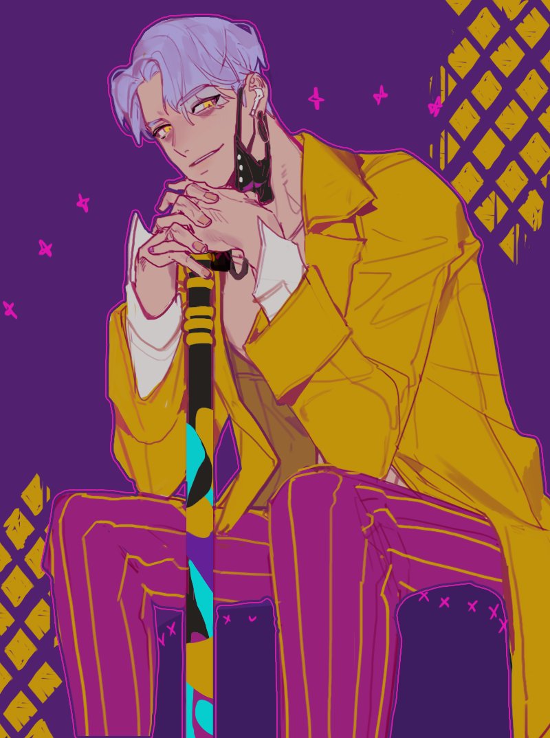 the trickster (dead by daylight), dead by daylight, commentary request, korean commentary, 1boy, bound, hex stbfl, jacket, male focus, own hands together, purple hair, short hair, smile, solo, twitter username, yellow eyes, yellow jacket