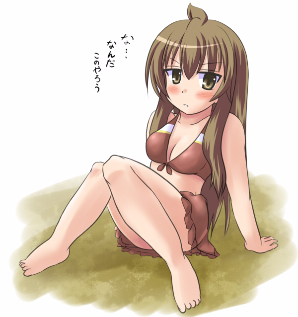 jun (aoerm), minami chiaki, minami-ke, 00s, 1girl, ahoge, barefoot, bikini, blush, brown eyes, brown hair, feet, female focus, long hair, solo, swimsuit