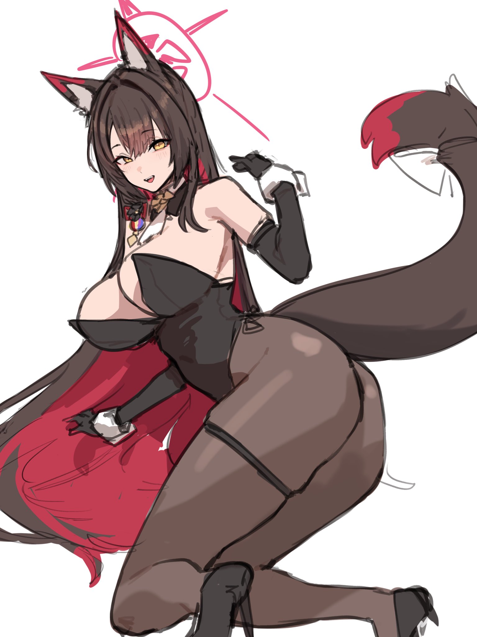 wakamo (blue archive), blue archive, highres, non-web source, 1girl, armpits, ass, black hair, breasts, cleavage, fangs, fox girl, halo, large breasts, leotard, looking at viewer, pantyhose, playboy bunny, red hair, red halo, solo, tail, wrist cuffs, yellow eyes