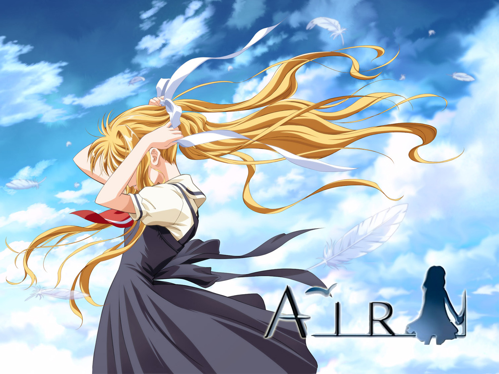 kobayashi akemi, kamio misuzu, air (visual novel), 00s, 1girl, adjusting hair, arms up, black dress, blonde hair, copyright name, covered eyes, day, dress, female focus, floating hair, from side, head down, long hair, necktie, pinafore dress, puffy short sleeves, puffy sleeves, red necktie, short sleeves, sleeveless, sleeveless dress, solo, standing, tying hair, very long hair, wind